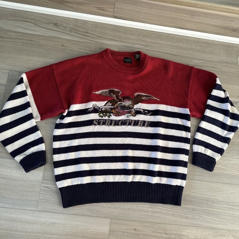 Vintage Structure Sweater Mens M Eagle USA Flag Patriotic Made In Hong Kong